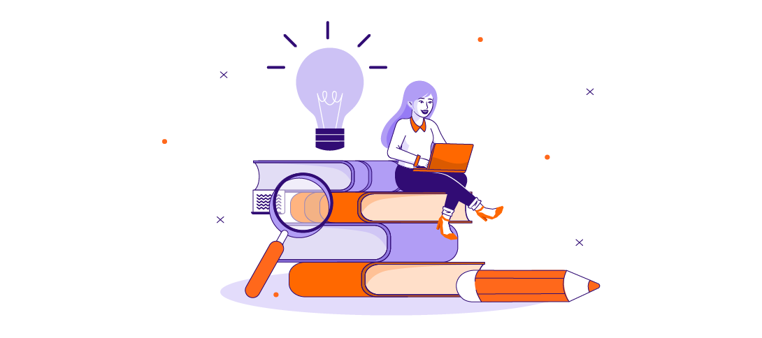 product learner on laptop sitting atop a pile of books