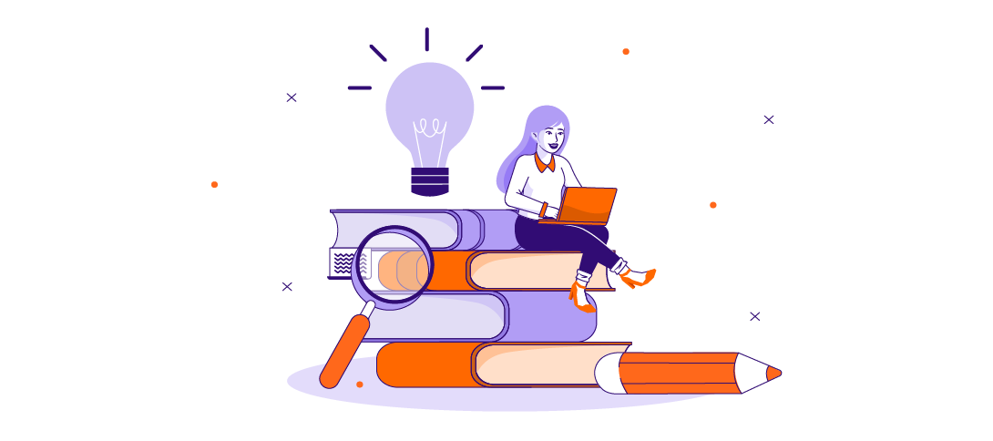 product learner on laptop sitting atop a pile of books