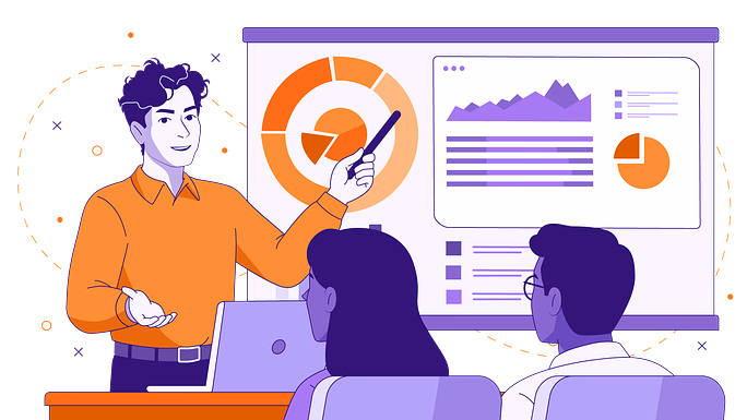 elearning consultant showing charts to the team